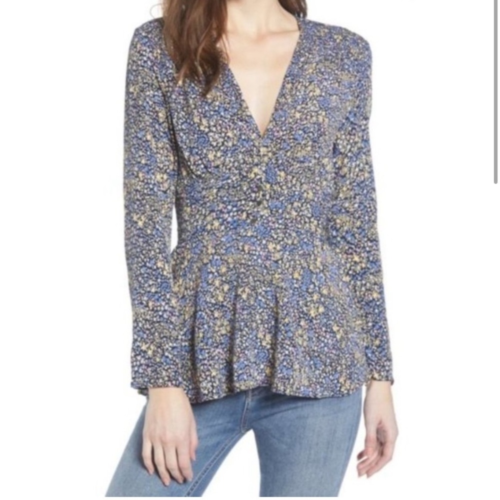 Women's Leith Floral Flower Smocked Detail Peplum Blouse Sz S